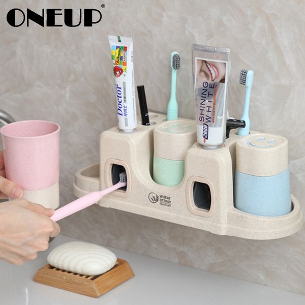 ONEUP Accessoires de salle de bain en plastique Distributeur automatique de dentifrice Squeezing Porte-brosse à dents mural de haute qualité avec tasse LJ201128