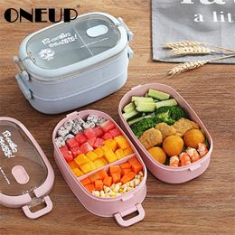 ONEUP Single Double Lunch Box Student School Cute Cartoon Girl Lunch Box Microwave Oven Separated Type Heatable Food Container 201208