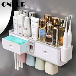 ONEUP soporte para cepillo de dientes dispensador de pasta de dientes automático exprimidor de pasta de dientes montado en la pared accesorios de almacenamiento de baño para el hogar 210322
