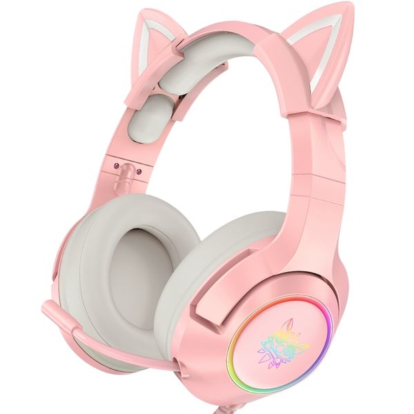 ONIKUMA K9 Casque de jeu rose RVB pour fille PC Gamer compatible avec les ordinateurs Mac One PS4 Switch et appareils mobiles prise 3,5 mm