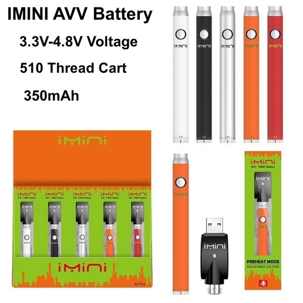 Onlie Shopping Venta al por mayor Imini AVV Vape desechable Pen 510 Batería Botón Batería 3.3V-4.8V Precalentamiento de voltaje variable para batería de carro desechable de 350 mAh