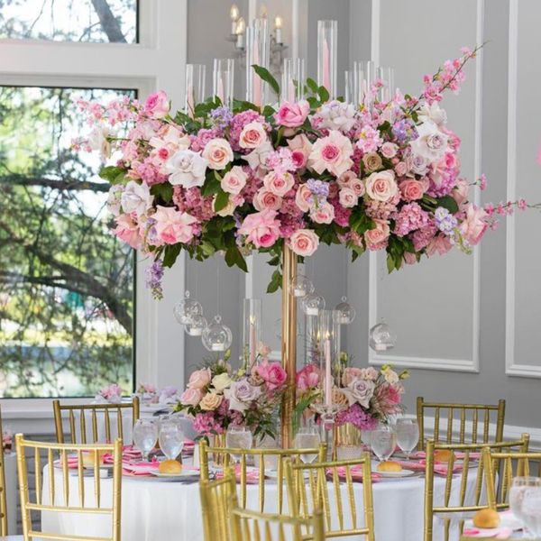 Solo para velas LED) Pasarela de boda, pedestal para pasillo, florero, bola de boda, metal, marco de hierro dorado, soporte alto redondo para flores de boda, centro de mesa