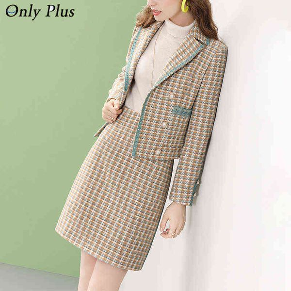 Only Plus Plaid tweed Set Costume Deux Set hiver Bureau Lady Casual Français Mode Femme jupes + Tweed costume Femme Vêtements 211119