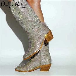 Onlymaker 741 Women Women High Boots con brillo de diez rieles bling brillo de punta occidental de punta puntiagudo