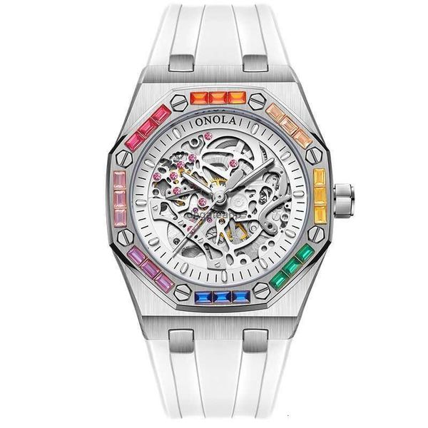 ONOL * marque authentique mode nouveau diamant arc-en-ciel entièrement automatique mécanique montre pour hommes bande de silicone étanche