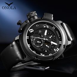 Onola grote wijzerplaat automatische mechanische horloge mannelijke alle zwarte waterdichte polshorloge casual sport lederen cool horloge man 2019