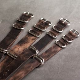 Onthelevel Lederen NAVO-riem 20mm 22mm 24mm Zulu-band Vintage eerste laag koe lederen horlogeband met vijf ringen gesp #e CJ191225