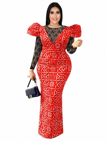 Ontinva Pirnted Dres dentelle rouge Lg manches Patchwork Sexy Bodyc Lg bal soirée événement grande taille tenues pour les femmes k9Hw #