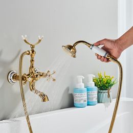 Baignoire onyzpily robinet de douche antique orbe orbe de téléphone doré pulvérisation mural robinet chaud et froid porcelaine bleue et blanche
