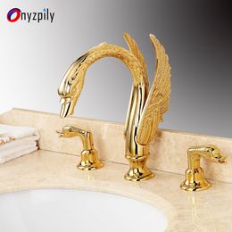 Onyzpily grifo de lavabo dorado, grifo mezclador para lavabo de baño, montaje en cubierta, manijas dobles, forma de cisne, acabado cromado y negro generalizado