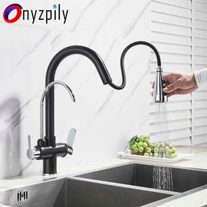 Onyzpily Matte Black Filtered Crane For Kitchen Pull Out Spray 360 Rotation Water Filter Tap Dual Water Modes Sink Kitchen Fauce 210724