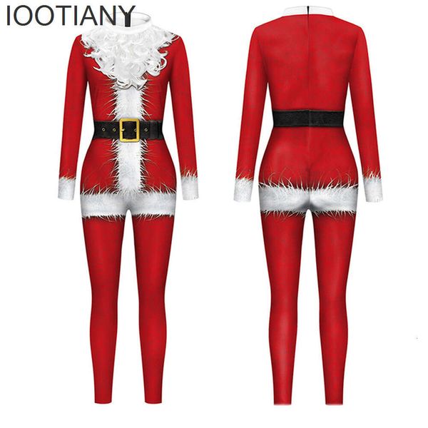 OOTIANY – Costume de Cosplay imprimé père noël pour femmes/hommes, combinaison Sexy, body pour adultes, vêtements de fête de carnaval, Monos Mujer de noël