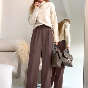 OOTN Herfst Office Wide Leg Pant Sjeres Elastische Taille Elegante Dames Bruin Broek Plus Lengte Koreaans Palazzo Cozy 220325