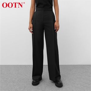 OOTN Office Lady Black Rechte Broek Zipper Pocket Geplooide Knopen Broek voor Werk Hoge Taille Herfst 220325