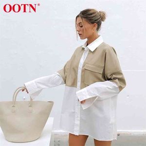 OOTN, camisa de cuero empalmada para mujer, blusa de manga larga con bolsillo para mujer, Top informal elegante, moda femenina Otoño Invierno 210415