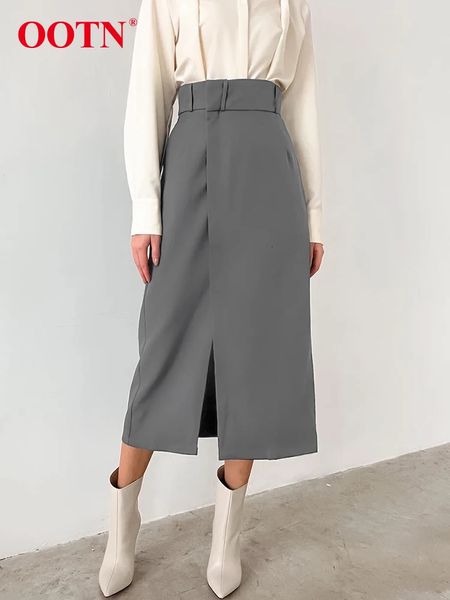 Ootn Street Grey Split MIDI JOURTS FEMMES MODE CASBOST CASBORD Black High Jirt Spring Elegant Long Long Straight Jirts Femme 240520