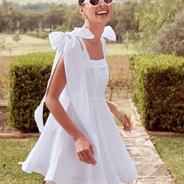 OOTN été vacances Style robe blanche coton lin sangle à lacets Mini robe femmes col carré taille haute sans manches tenue décontractée 220511