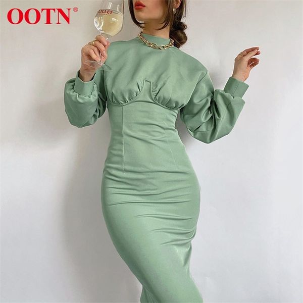 Ootn Turtleneck Invierno Vestido de mujer Elegante Otoño Vestido Midi Manga larga Verde Cintura alta Sólido Casual Vestidos de mujer Túnica 201028