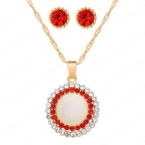 Opal Stone Sieraden Sets Goud Kleur Ronde Hanger Ketting + Stud Oorbellen voor Vrouwen Bruiloft Bridal Sieraden Set Gift