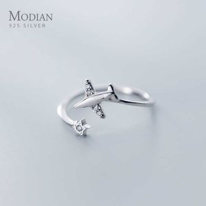 Open verstelbare eenvoudige ring voor vrouwen mode 925 sterling zilver glanzend zirkoon schattige ster vliegtuig fijne sieraden 210707