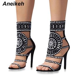 Open Aneikeh Dames Teen Design Mode Hoge Hak Sandalen Kristal Enkelband Glitter Diamant Gladiator Zwart Maat 35-42 23031 43