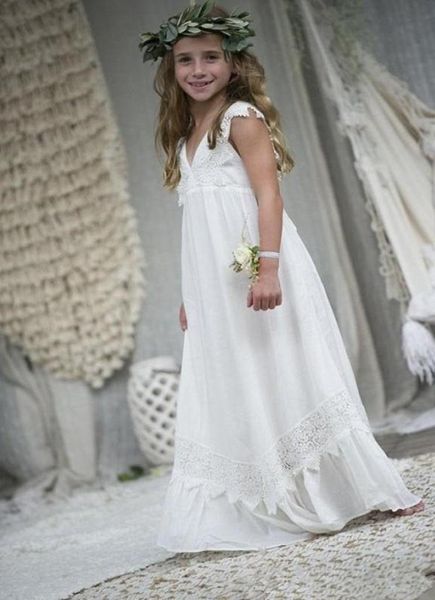 Ouvert arrière Nouveau mariage de plage d'été princesse V couche fleur fille robe en mousseline de mousseline empire manche en dentelle en dentelle