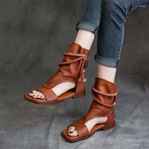 Open Birkuir Toe Sandalen Hoge bovenste laarzen voor vrouwen Summer Hollow Out Beach Echt lederen Flats Ladies 73078 290 C