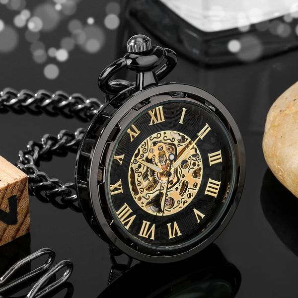 Reloj de bolsillo mecánico con números romanos y cara abierta, reloj Manual antiguo de moda elegante, regalo para hombre 240103