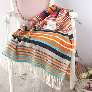 Kleurrijke streep gooien dekens gebreide kwastje deken gepersonaliseerde gehaakte tapijt winter warme bedsprei ademend sjaal sjaal