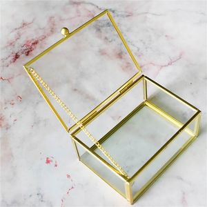 Open Lid Jewelry Ring Box Verre Rectangulaire Transparent Petit Rangement Avec Bordure Dorée Et 210922