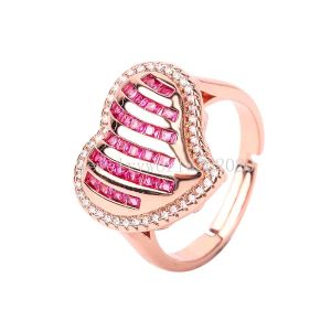 Anillo de moda de tamaño abierto, anillo de corazón de burbuja de circonia cúbica Baguette de Color oro blanco rosa para niñas y mujeres para fiesta de boda, bonito regalo