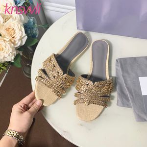 Bout ouvert cristal paillettes plat femmes pantoufles strass tongs été sandales piste chaussures femme Mules confortables diapositives