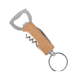 Ouvre-bouteille de bière en hêtre Mtifunctional Tire-bouchon en acier inoxydable Porte-clés en bois Couteau pliant portable Porte-clés Cuisine à Dhfej