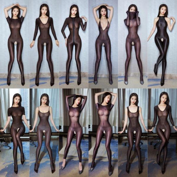 Abrices Aceite negro brillante Medias de cuerpo completo Femenino Erótico Abierto de punto de entrepierna monstruos de cosplay sexy Costumos Hot Pole Dance Club