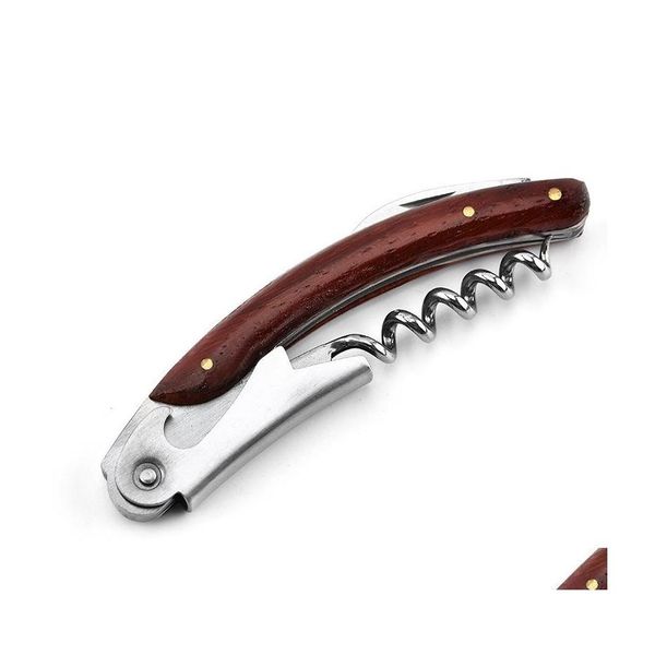 Abridores Mango de madera antideslizante Sacacorchos Cuchillo Pl Tap Doble bisagra Abridor de vino tinto Botella de cerveza de metal Cocina Bar Camarero Herramienta Regalo Gota Dhobf