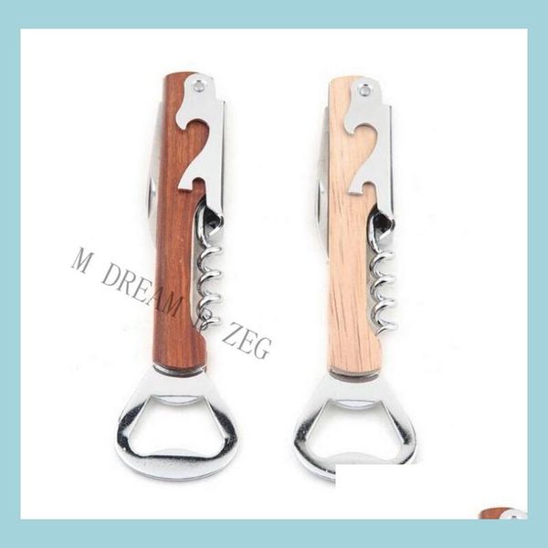 Abridores Mango de madera Abrebotellas de acero inoxidable Mtifunction Tornillo de corcho Sacacorchos con cuchillo Cerveza Vino tinto Gota Entrega Inicio Garde Dhnx4