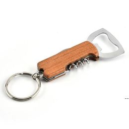 Ouvre-bouteille manche en bois porte-clés couteau Pulltap tire-bouchon à double charnière porte-clés en acier inoxydable outils d'ouverture par mer RRC779