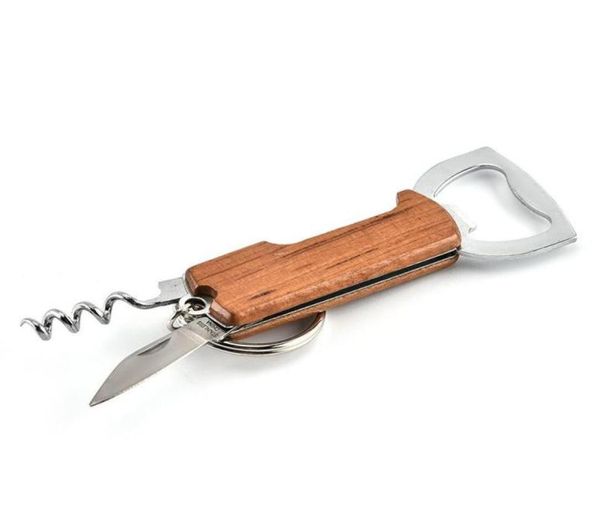 Ouvre-traits de bouteille en bois en bois Keychain Keychain Pulltap Double à charnière Couchette de bouchon en acier inoxydable Toule d'ouverture des anneaux BC B3846481