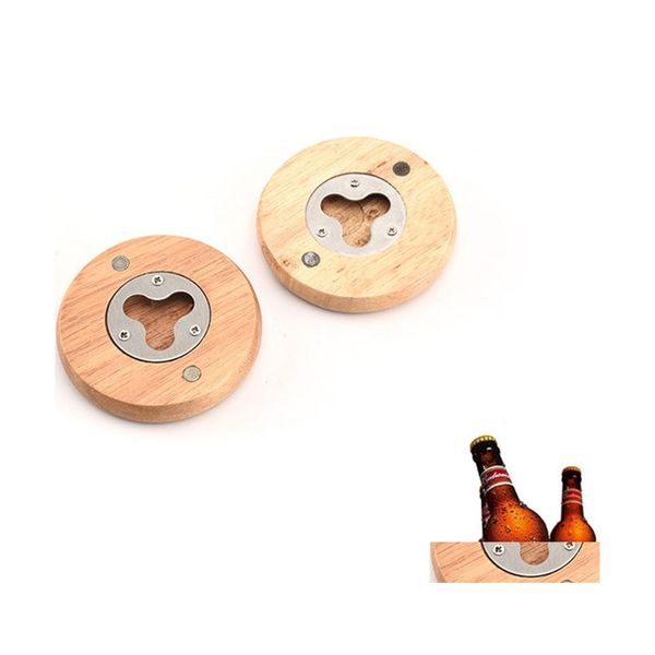 Abridores de madera Redondo de acero inoxidable Abridor de vino Botella de barman Cerveza Soda Botellas de tapa de vidrio Portátil Hogar Cocina Bar Accesorios Dhod2