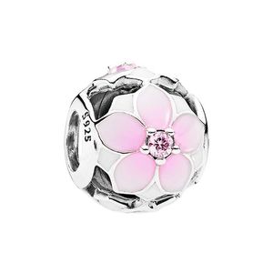 Openwork Pink Magnolia Flower Charm 925 Sterling Silver Europese kralen Originele doos voor Pandora Snake Chain armband Bangle sieraden DIY MAKEN Karms