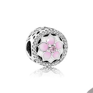 Openwork Pink Magnolia Flower Charm voor Pandora 925 Sterling Silver Snake Chain armband armband Bangle Making Charmes Set Women Sieraden kralen met originele doosset