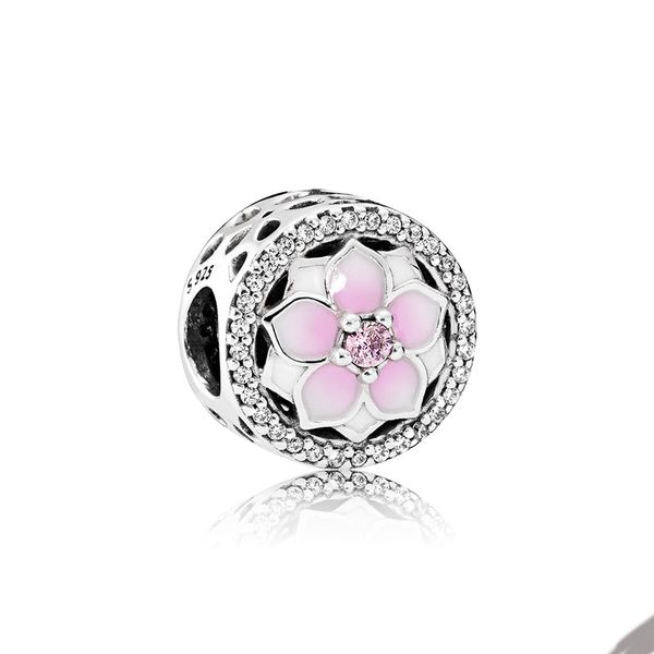 Encanto de flor de magnolia rosa calado para Pandora 925 Pulsera de cadena de serpiente de plata esterlina Brazalete Fabricación de dijes Conjunto de joyería de mujer Cuentas con caja original