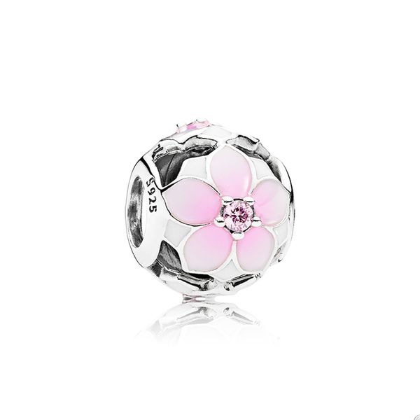 Encanto de flor de magnolia rosa calado para Pandora Reael Encantos de plata esterlina Accesorios de joyería para mujer Pulsera de cadena de serpiente Fabricación de abalorios con caja original