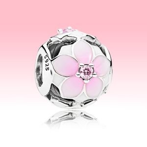 Encanto de flor de magnolia rosa calado con caja original para pandora Cuentas de plata esterlina 925 Brazalete Fabricación de dijes