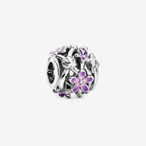 Breloque marguerite violette ajourée Pandoras en argent sterling 925, ensemble de breloques de luxe, fabrication de bracelets, perles, collier de créateur, pendentif, boîte d'origine, qualité supérieure
