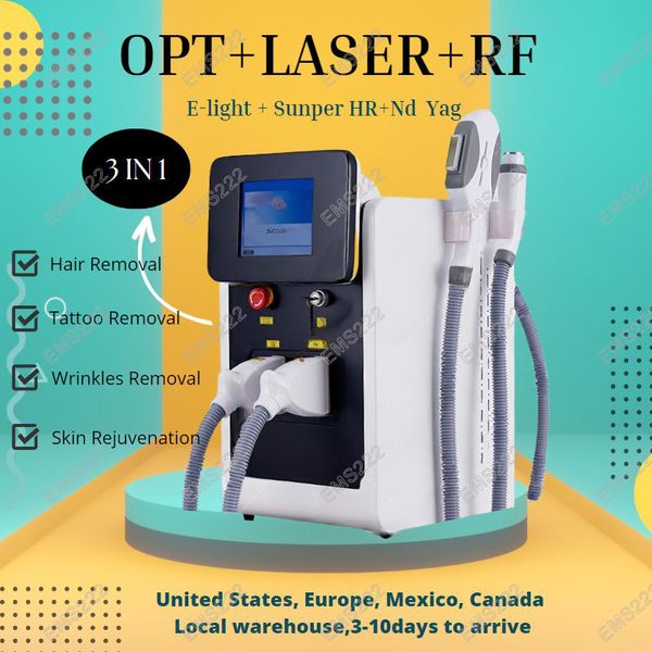 OPT Laser RF 3 en 1 E-light Máquina de depilación Nd Yag Laser Máquina de eliminación de tatuajes Face Lifting Picosegundo Q-Switch