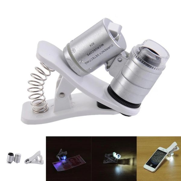 Instruments optiques 60X Loupe de microscope de téléphone à clipser 9882W avec lumières LED / UV pour SmartPhones universels iPhone Samsung HTC Loupe