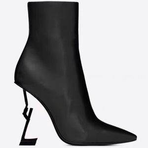 Botas de tornozelo Opyum bico fino saltos em formato especial 10,5 cm para meninas mulheres designer couro camurça sola moda botas fábrica