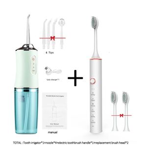 Monddouche en elektrische tandenborstel ipx7 vervangende opzetborstel draagbare tandheelkundige waterflosser met 4 sproeiers usb oplaadbaar 240219