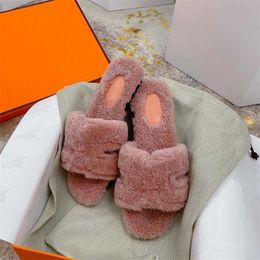 Oran Sandaal Casual Slippers Glides slippers Casual schoenen Designer Bont Zwart Pink Woolskin bovenste platte slipper met doos 328